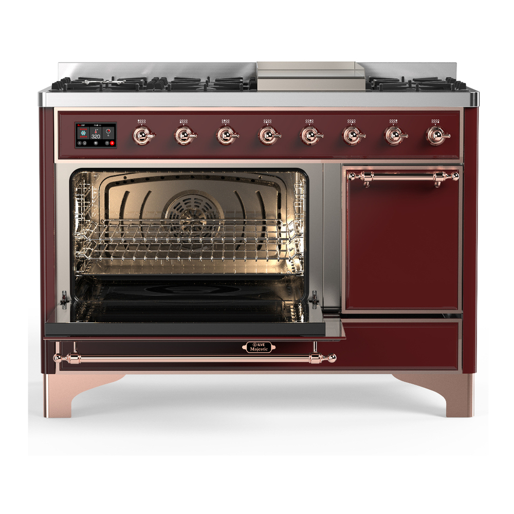 ILVE UM48FQNR3BUP Majestic III 48 inch Dual Fuel Range with 8 Burners and Griddle, Dual Function Burner up to 25,000 BTU (Natural Gas, Solid Door, Burgundy, Copper) 6 ILVE-UM48FQNR3BUP-Primary Oven Open View