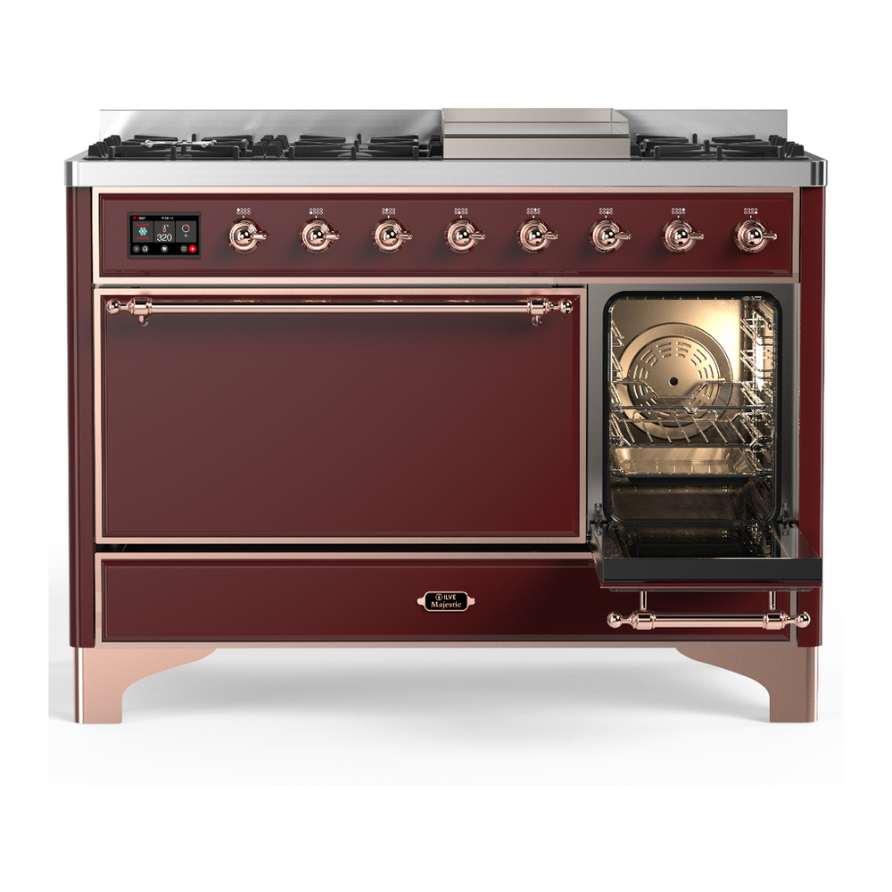 ILVE UM48FQNR3BUP Majestic III 48 inch Dual Fuel Range with 8 Burners and Griddle, Dual Function Burner up to 25,000 BTU (Natural Gas, Solid Door, Burgundy, Copper) 7 ILVE-UM48FQNR3BUP-Secondary Oven Open View