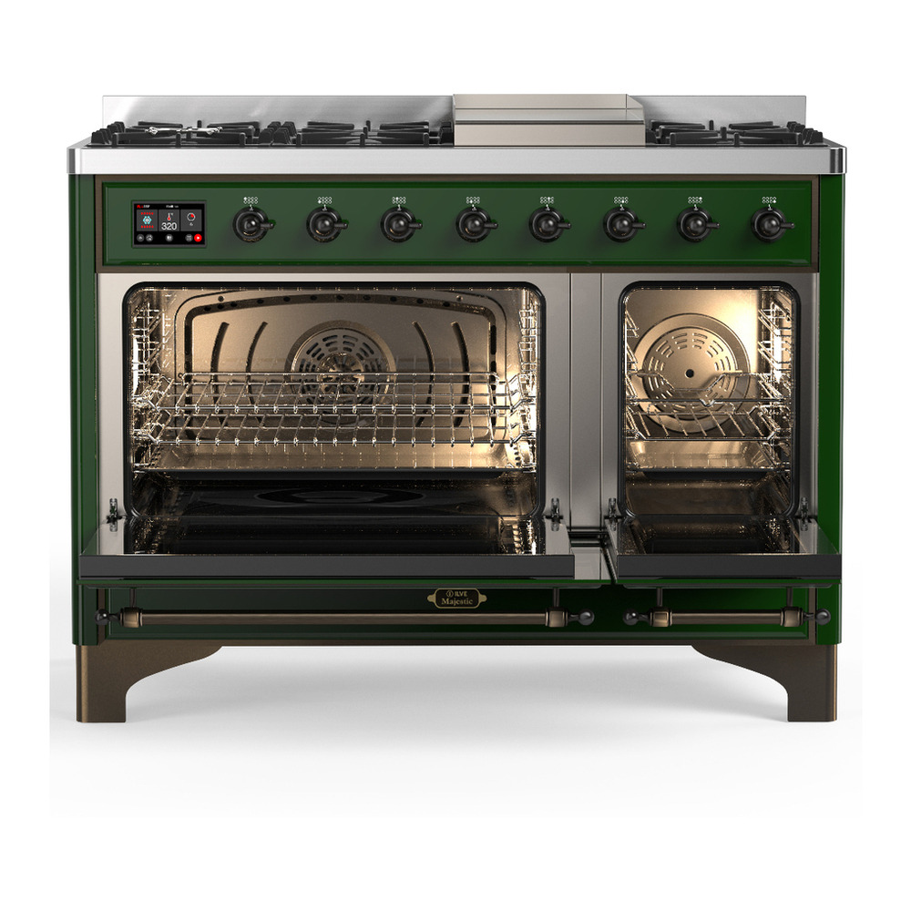 ILVE UM48FQNR3EGBLP Majestic III 48 inch Dual Fuel Range with 8 Burners and Griddle, Dual Function Burner up to 25,000 BTU (Liquid Propane, Solid Door, Emerald Green, Burnished) 5 ILVE-UM48FQNR3EGBLP-Double Oven Open View