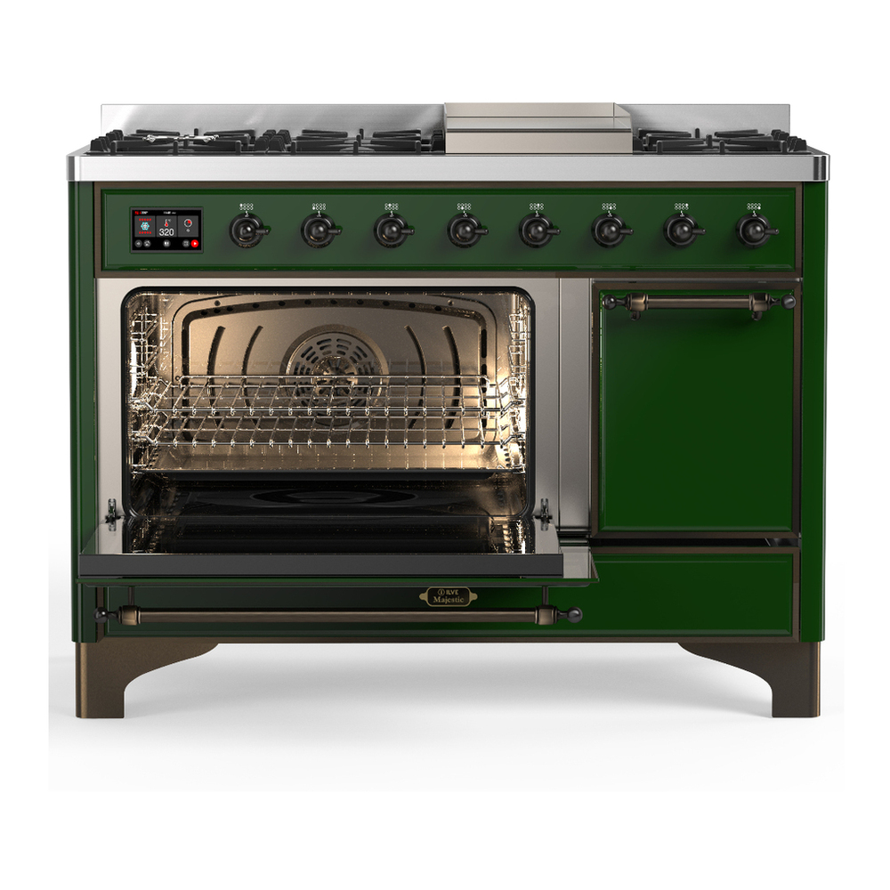 ILVE UM48FQNR3EGBLP Majestic III 48 inch Dual Fuel Range with 8 Burners and Griddle, Dual Function Burner up to 25,000 BTU (Liquid Propane, Solid Door, Emerald Green, Burnished) 6 ILVE-UM48FQNR3EGBLP-Primary Oven Open View