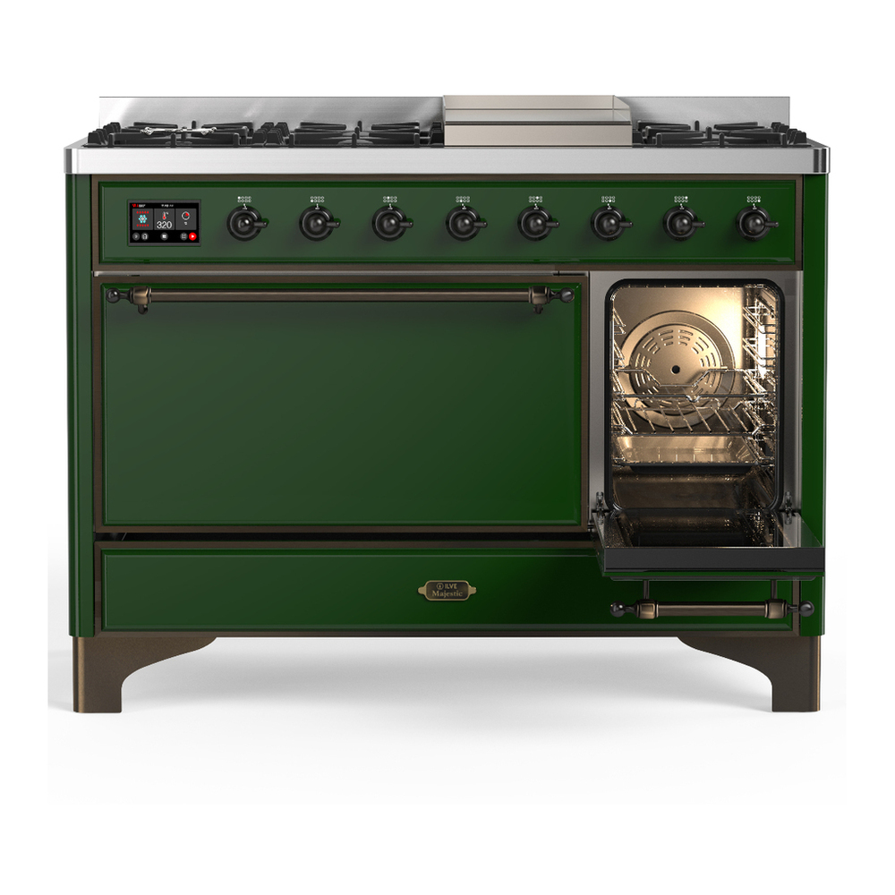 ILVE UM48FQNR3EGBLP Majestic III 48 inch Dual Fuel Range with 8 Burners and Griddle, Dual Function Burner up to 25,000 BTU (Liquid Propane, Solid Door, Emerald Green, Burnished) 7 ILVE-UM48FQNR3EGBLP-Secondary Oven Open View