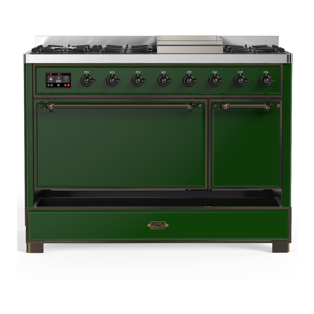 ILVE UM48FQNR3EGBLP Majestic III 48 inch Dual Fuel Range with 8 Burners and Griddle, Dual Function Burner up to 25,000 BTU (Liquid Propane, Solid Door, Emerald Green, Burnished) 8 ILVE-UM48FQNR3EGBLP-Drawer Open View