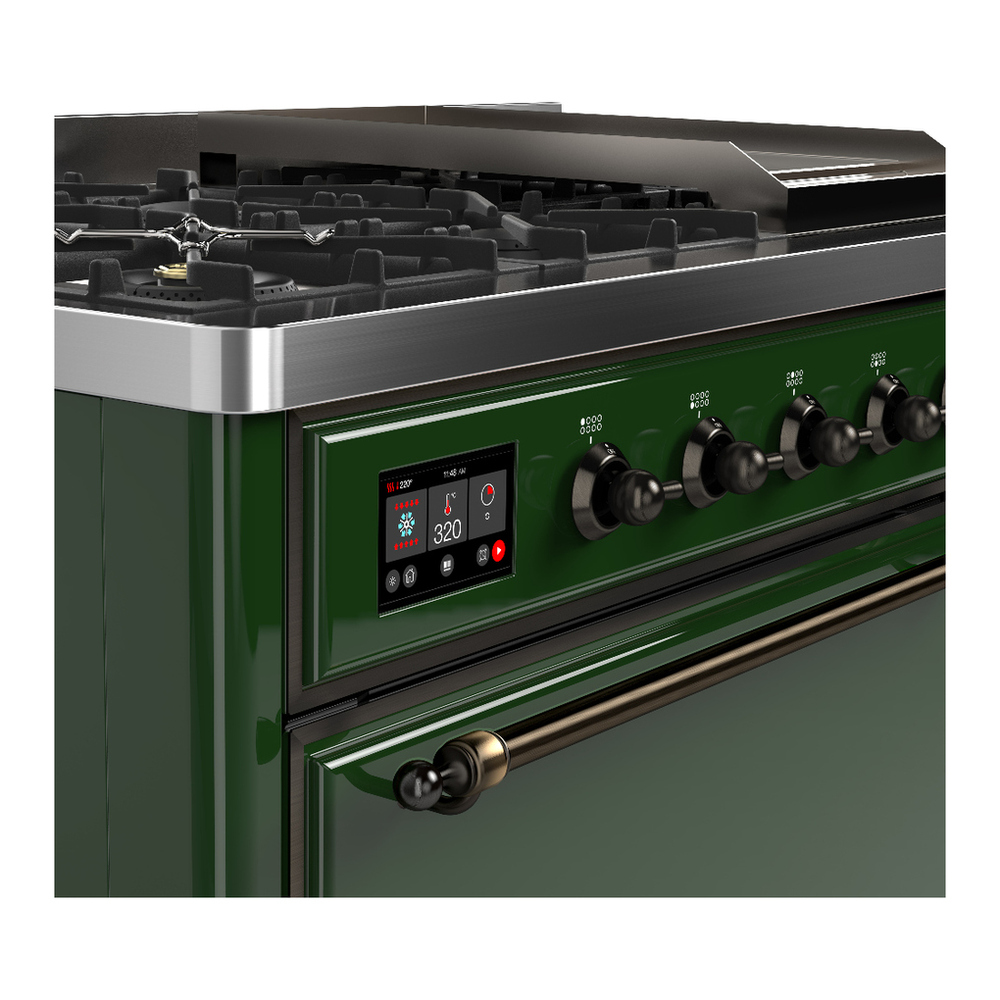 ILVE UM48FQNR3EGBLP Majestic III 48 inch Dual Fuel Range with 8 Burners and Griddle, Dual Function Burner up to 25,000 BTU (Liquid Propane, Solid Door, Emerald Green, Burnished) 10 ILVE-UM48FQNR3EGBLP-Control Knobs View