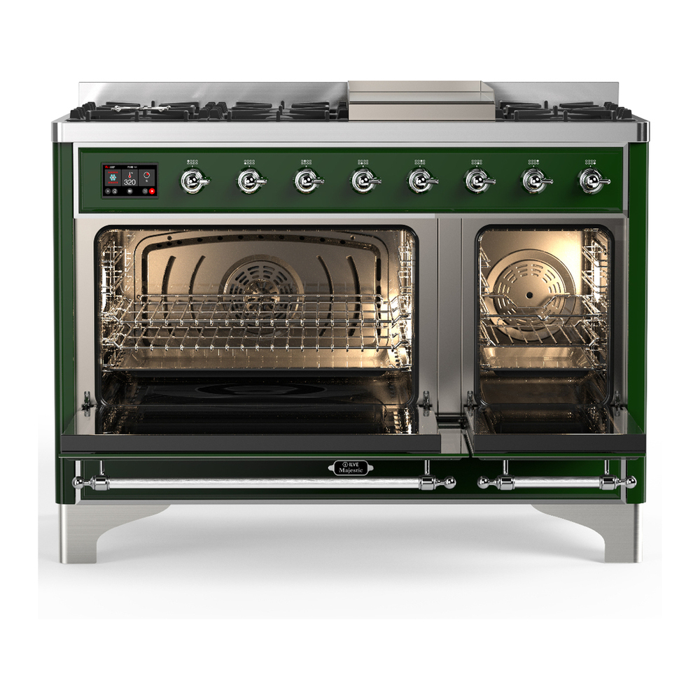 ILVE UM48FQNR3EGCLP Majestic III 48 inch Dual Fuel Range with 8 Burners and Griddle, Dual Function Burner up to 25,000 BTU (Liquid Propane, Solid Door, Emerald Green, Chrome) 5 ILVE-UM48FQNR3EGCLP-Double Oven Open View