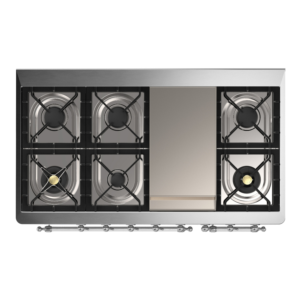 ILVE UM48FQNR3EGCLP Majestic III 48 inch Dual Fuel Range with 8 Burners and Griddle, Dual Function Burner up to 25,000 BTU (Liquid Propane, Solid Door, Emerald Green, Chrome) 9 ILVE-UM48FQNR3EGCLP-Top View