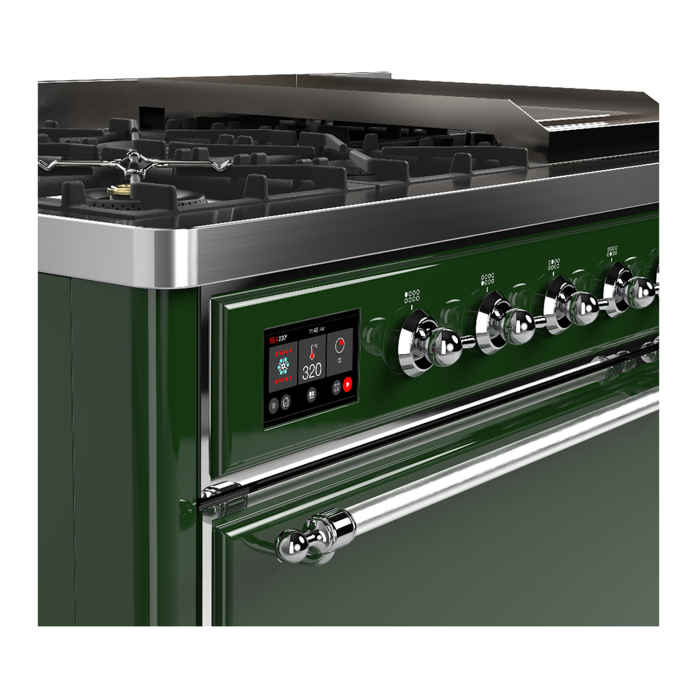 ILVE UM48FQNR3EGCLP Majestic III 48 inch Dual Fuel Range with 8 Burners and Griddle, Dual Function Burner up to 25,000 BTU (Liquid Propane, Solid Door, Emerald Green, Chrome) 10 ILVE-UM48FQNR3EGCLP-Control Knobs View