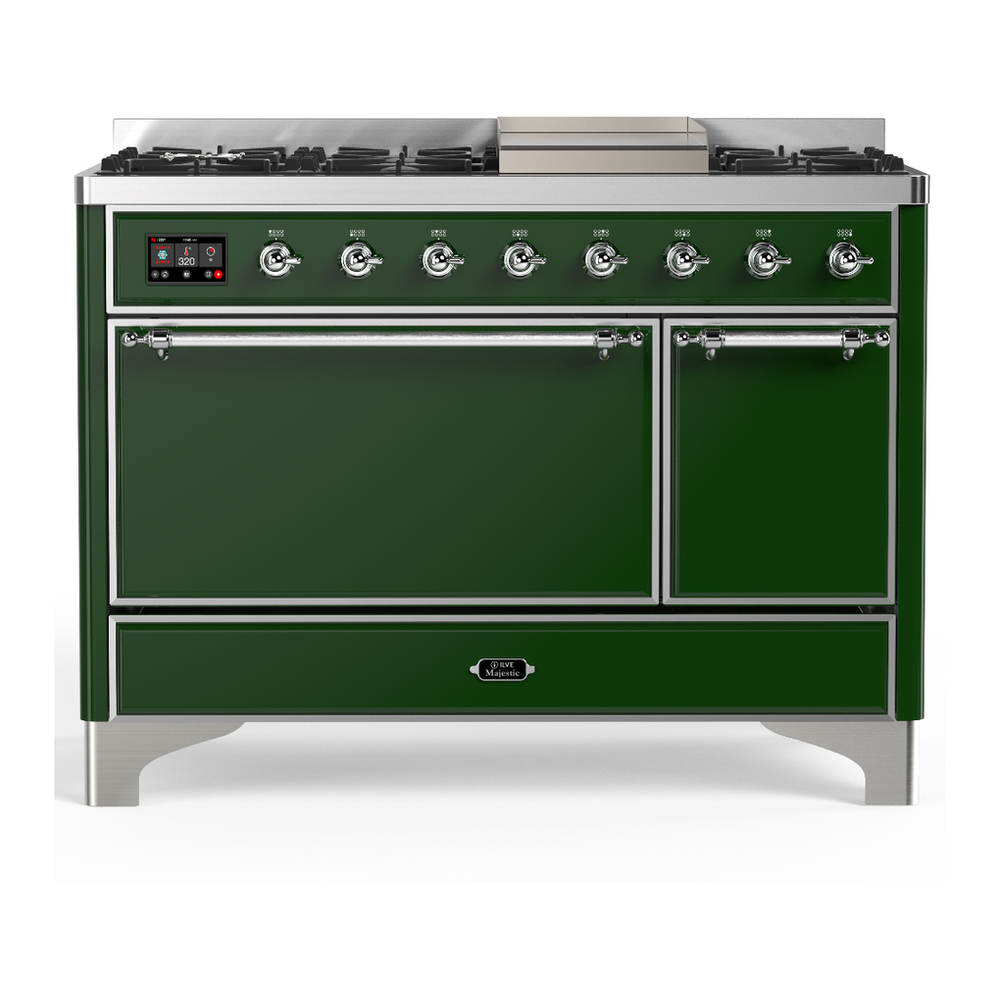 ILVE UM48FQNR3EGC Majestic III 48 inch Dual Fuel Range with 8 Burners and Griddle, Dual Function Burner up to 25,000 BTU (Natural Gas, Solid Door, Emerald Green, Chrome) 1 UM48FQNR3EGC