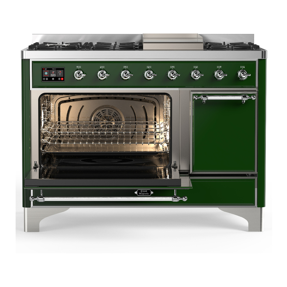 ILVE UM48FQNR3EGC Majestic III 48 inch Dual Fuel Range with 8 Burners and Griddle, Dual Function Burner up to 25,000 BTU (Natural Gas, Solid Door, Emerald Green, Chrome) 6 ILVE-UM48FQNR3EGC-Primary Oven Open View