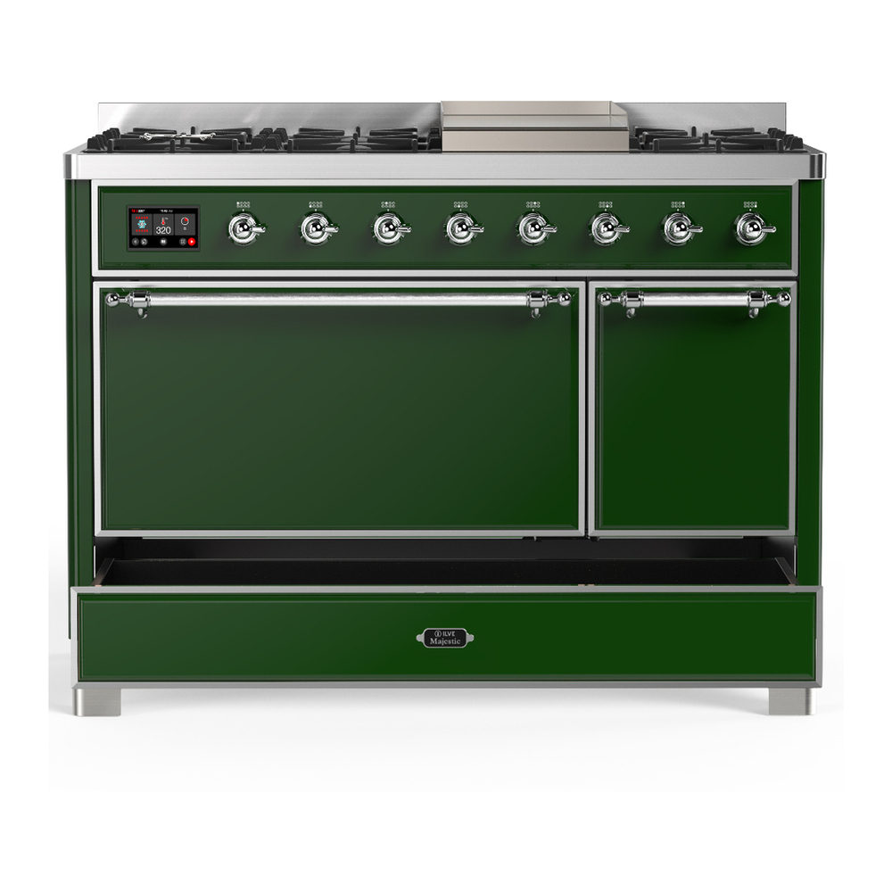 ILVE UM48FQNR3EGC Majestic III 48 inch Dual Fuel Range with 8 Burners and Griddle, Dual Function Burner up to 25,000 BTU (Natural Gas, Solid Door, Emerald Green, Chrome) 5 ILVE-UM48FQNR3EGC-Drawer Open View