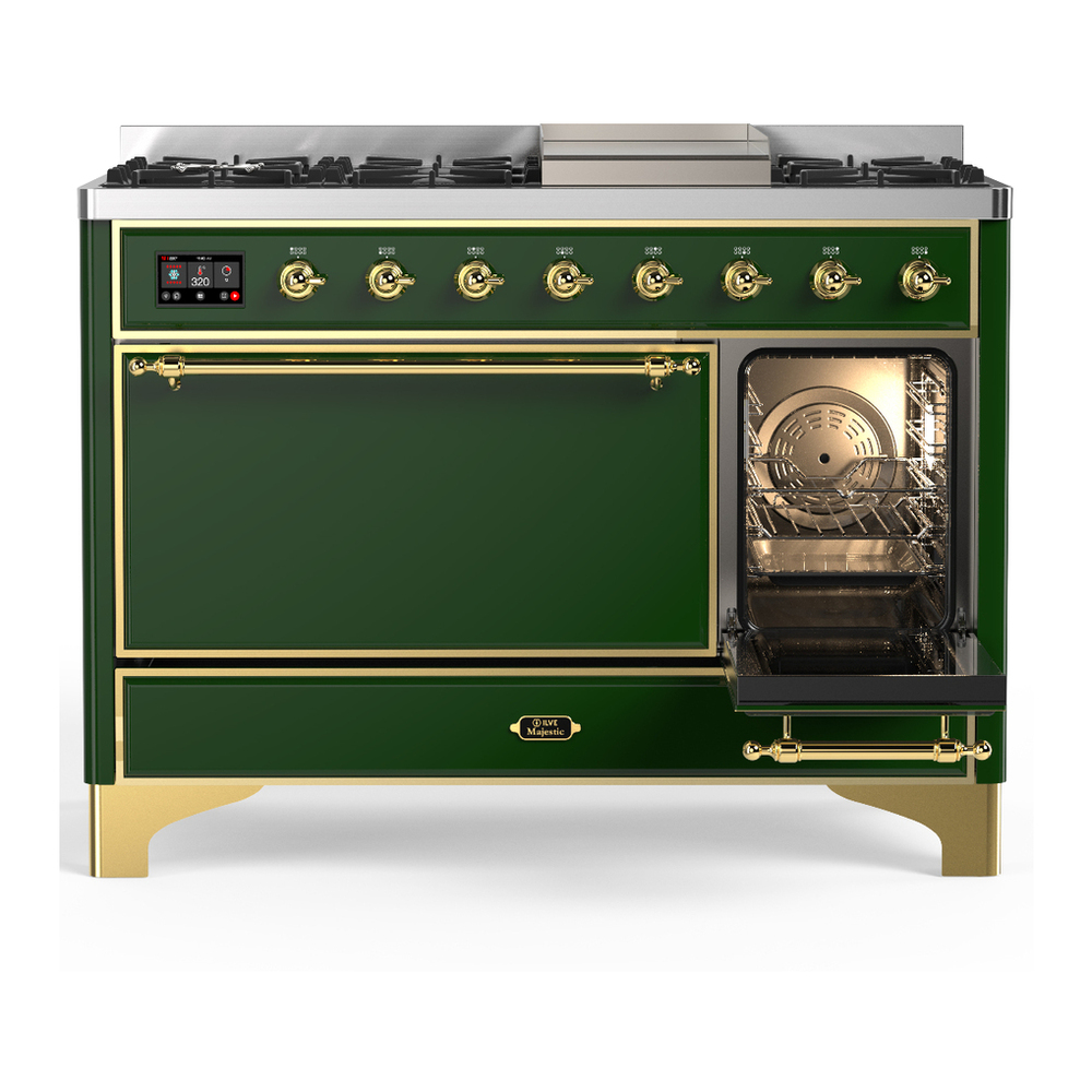 ILVE UM48FQNR3EGGLP Majestic III 48 inch Dual Fuel Range with 8 Burners and Griddle, Dual Function Burner up to 25,000 BTU (Liquid Propane, Solid Door, Emerald Green, Brass) 4 ILVE-UM48FQNR3EGGLP-Secondary Oven Open View
