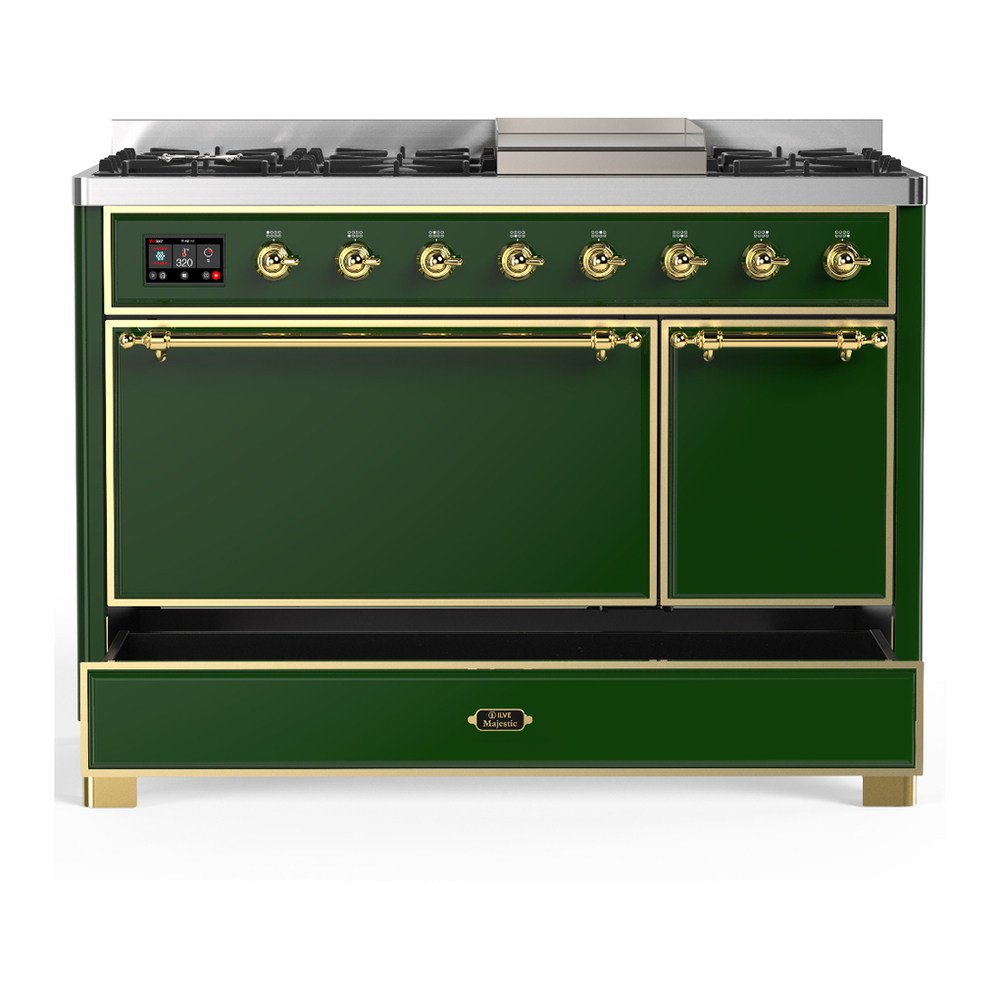 ILVE UM48FQNR3EGGLP Majestic III 48 inch Dual Fuel Range with 8 Burners and Griddle, Dual Function Burner up to 25,000 BTU (Liquid Propane, Solid Door, Emerald Green, Brass) 5 ILVE-UM48FQNR3EGGLP-Drawer Open View