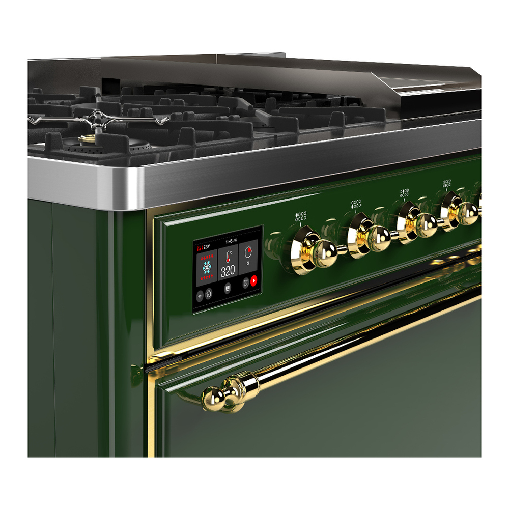 ILVE UM48FQNR3EGGLP Majestic III 48 inch Dual Fuel Range with 8 Burners and Griddle, Dual Function Burner up to 25,000 BTU (Liquid Propane, Solid Door, Emerald Green, Brass) 7 ILVE-UM48FQNR3EGGLP-Control Knobs View