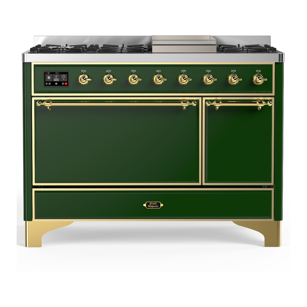 ILVE UM48FQNR3EGG Majestic III 48 inch Dual Fuel Range with 8 Burners and Griddle, Dual Function Burner up to 25,000 BTU (Natural Gas, Solid Door, Emerald Green, Brass) 1 UM48FQNR3EGG