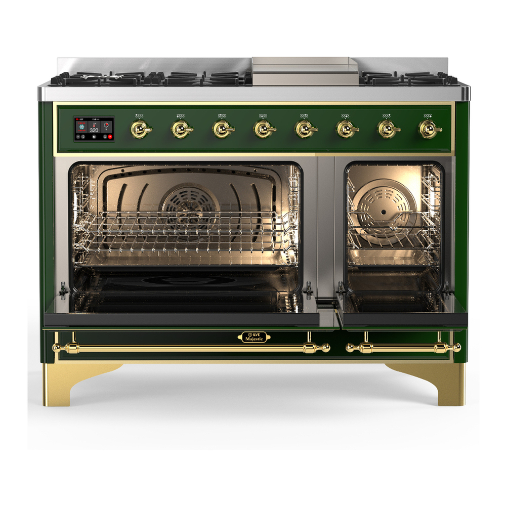 ILVE UM48FQNR3EGG Majestic III 48 inch Dual Fuel Range with 8 Burners and Griddle, Dual Function Burner up to 25,000 BTU (Natural Gas, Solid Door, Emerald Green, Brass) 2 ILVE-UM48FQNR3EGG-Double Oven Open View