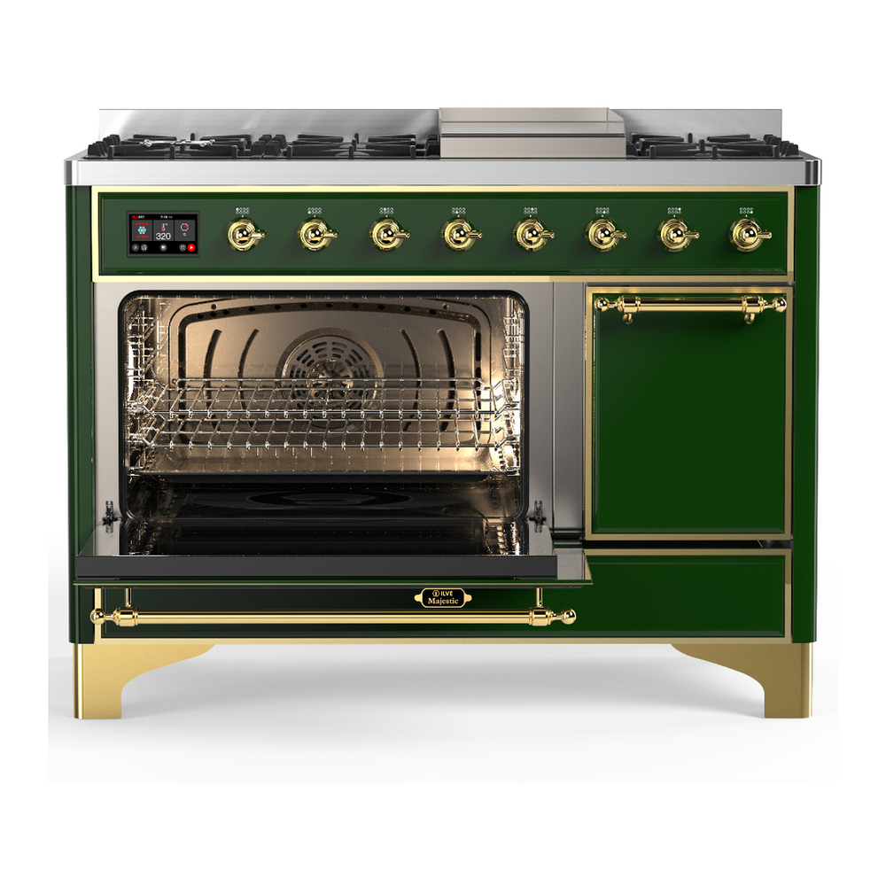 ILVE UM48FQNR3EGG Majestic III 48 inch Dual Fuel Range with 8 Burners and Griddle, Dual Function Burner up to 25,000 BTU (Natural Gas, Solid Door, Emerald Green, Brass) 3 ILVE-UM48FQNR3EGG-Primary Oven Open View
