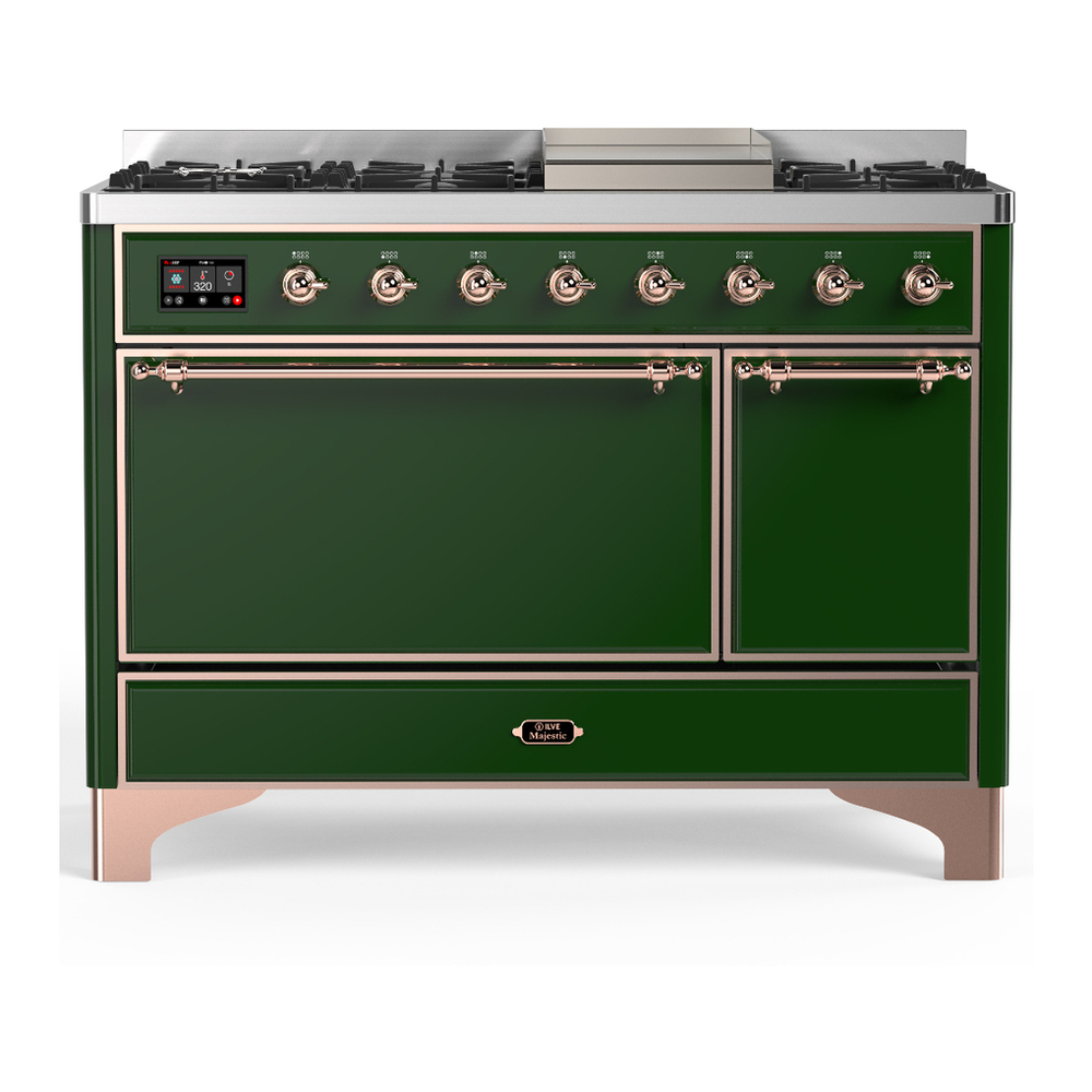 ILVE UM48FQNR3EGP Majestic III 48 inch Dual Fuel Range with 8 Burners and Griddle, Dual Function Burner up to 25,000 BTU (Natural Gas, Solid Door, Emerald Green, Copper) 1 UM48FQNR3EGP