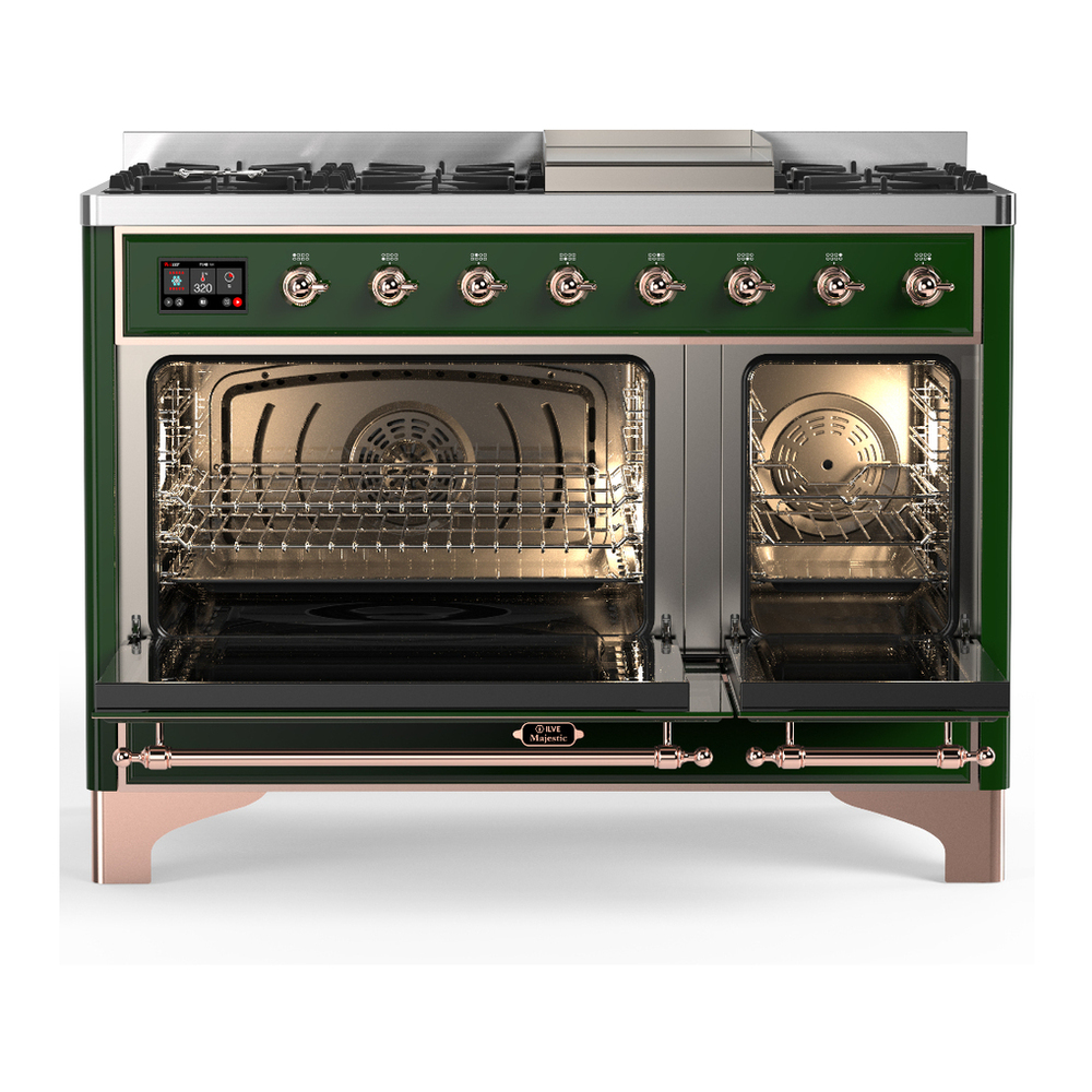 ILVE UM48FQNR3EGP Majestic III 48 inch Dual Fuel Range with 8 Burners and Griddle, Dual Function Burner up to 25,000 BTU (Natural Gas, Solid Door, Emerald Green, Copper) 2 ILVE-UM48FQNR3EGP-Double Oven Open View