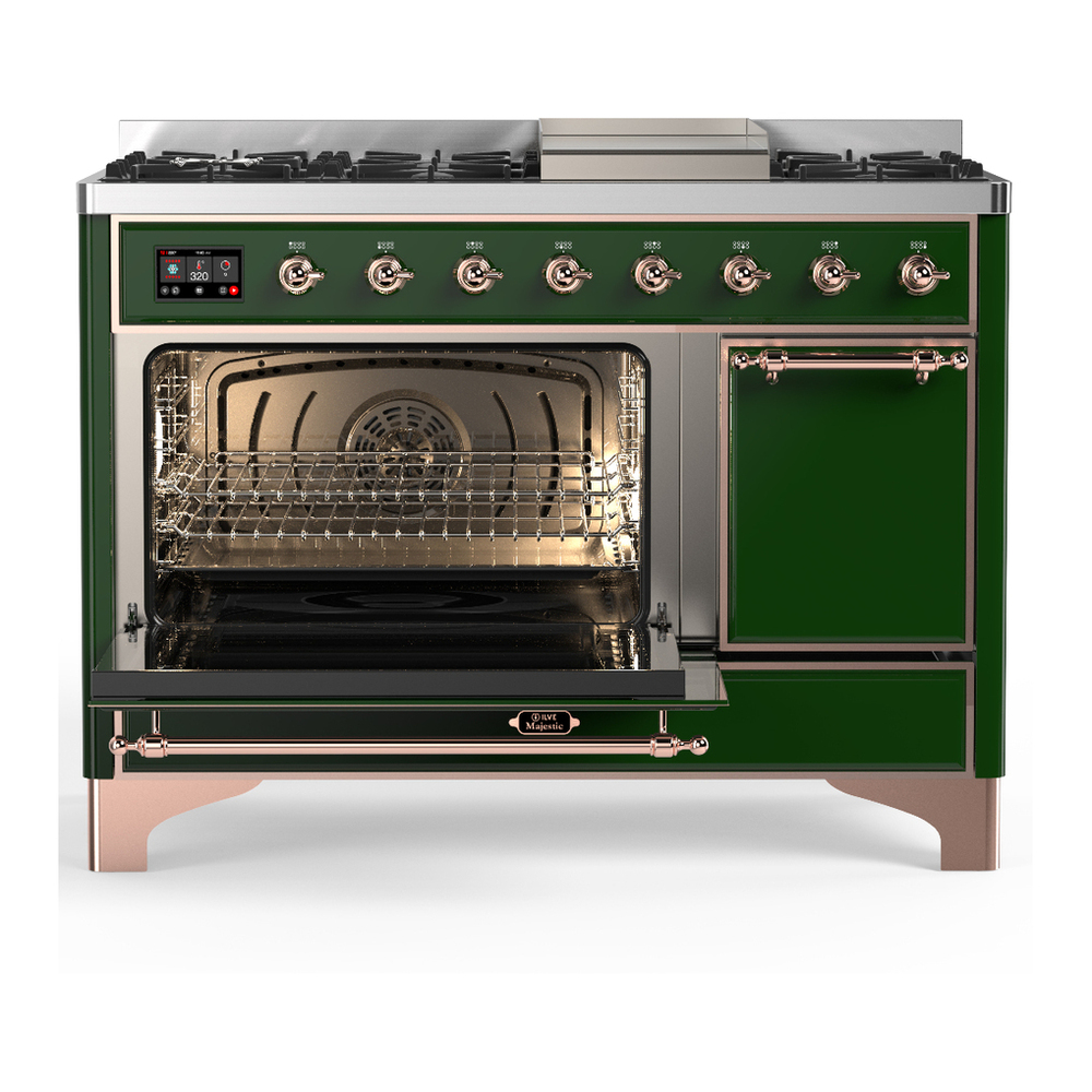 ILVE UM48FQNR3EGP Majestic III 48 inch Dual Fuel Range with 8 Burners and Griddle, Dual Function Burner up to 25,000 BTU (Natural Gas, Solid Door, Emerald Green, Copper) 3 ILVE-UM48FQNR3EGP-Primary Oven Open View