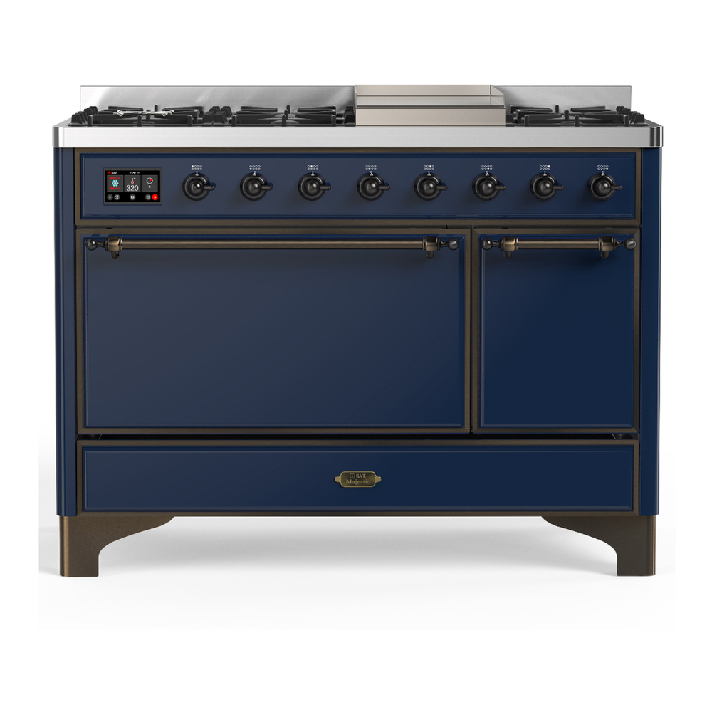 ILVE UM48FQNR3MBB Majestic III 48 inch Dual Fuel Range with 8 Burners and Griddle, Dual Function Burner up to 25,000 BTU (Natural Gas, Solid Door, Midnight Blue, Burnished) 1 UM48FQNR3MBB