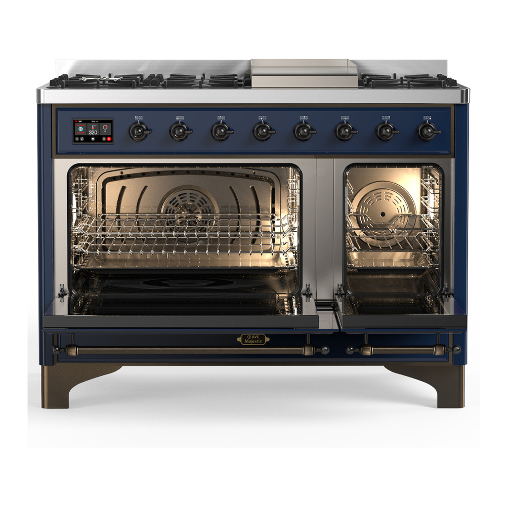 ILVE UM48FQNR3MBB Majestic III 48 inch Dual Fuel Range with 8 Burners and Griddle, Dual Function Burner up to 25,000 BTU (Natural Gas, Solid Door, Midnight Blue, Burnished) 2 ILVE-UM48FQNR3MBB-Double Oven Open View