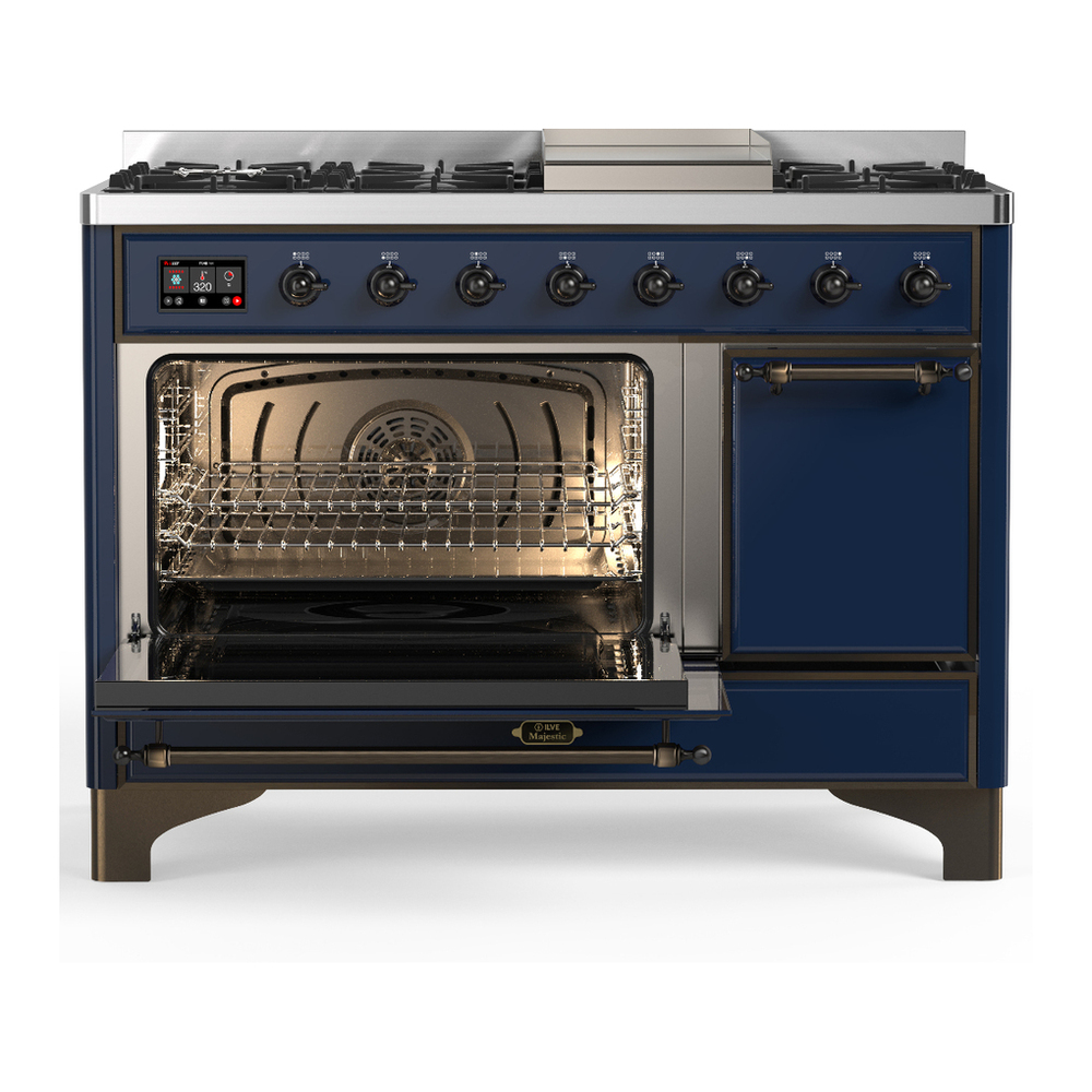ILVE UM48FQNR3MBB Majestic III 48 inch Dual Fuel Range with 8 Burners and Griddle, Dual Function Burner up to 25,000 BTU (Natural Gas, Solid Door, Midnight Blue, Burnished) 3 ILVE-UM48FQNR3MBB-Primary Oven Open View
