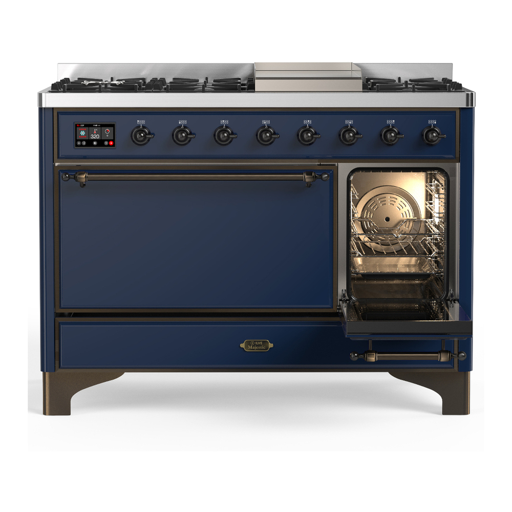 ILVE UM48FQNR3MBB Majestic III 48 inch Dual Fuel Range with 8 Burners and Griddle, Dual Function Burner up to 25,000 BTU (Natural Gas, Solid Door, Midnight Blue, Burnished) 4 ILVE-UM48FQNR3MBB-Secondary Oven Open View