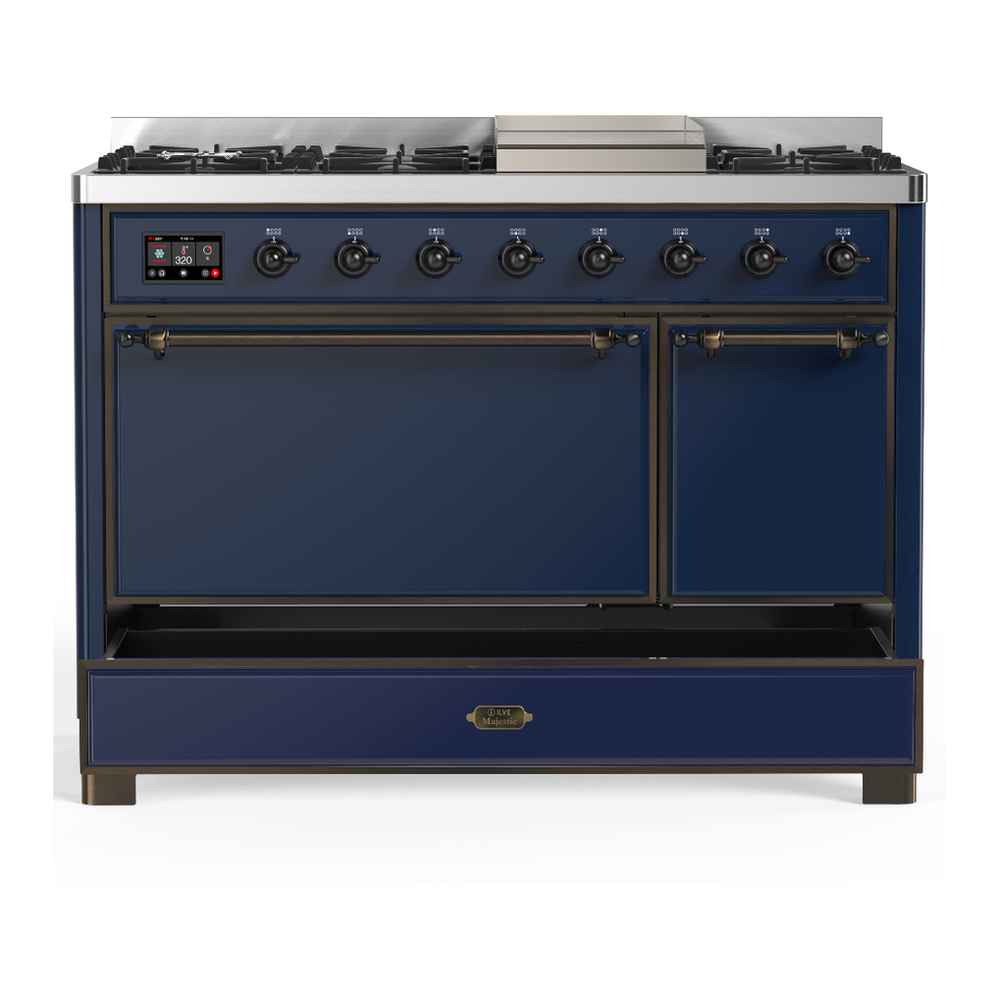 ILVE UM48FQNR3MBB Majestic III 48 inch Dual Fuel Range with 8 Burners and Griddle, Dual Function Burner up to 25,000 BTU (Natural Gas, Solid Door, Midnight Blue, Burnished) 5 ILVE-UM48FQNR3MBB-Drawer Open View