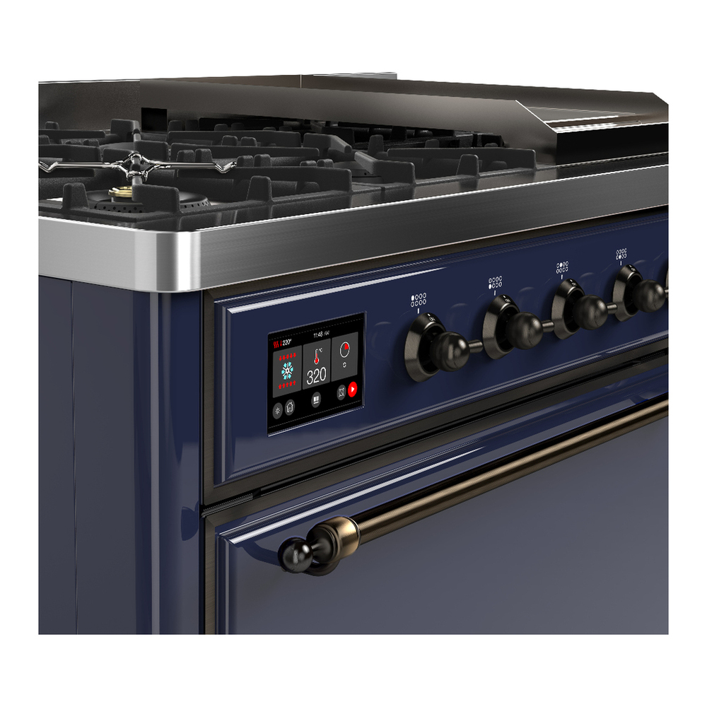 ILVE UM48FQNR3MBB Majestic III 48 inch Dual Fuel Range with 8 Burners and Griddle, Dual Function Burner up to 25,000 BTU (Natural Gas, Solid Door, Midnight Blue, Burnished) 7 ILVE-UM48FQNR3MBB-Control Knobs View