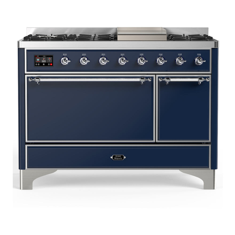 ILVE UM48FQNR3MBCLP Majestic III 48 inch Dual Fuel Range with 8 Burners and Griddle, Dual Function Burner up to 25,000 BTU (Liquid Propane, Solid Door, Midnight Blue, Chrome) 1 UM48FQNR3MBCLP