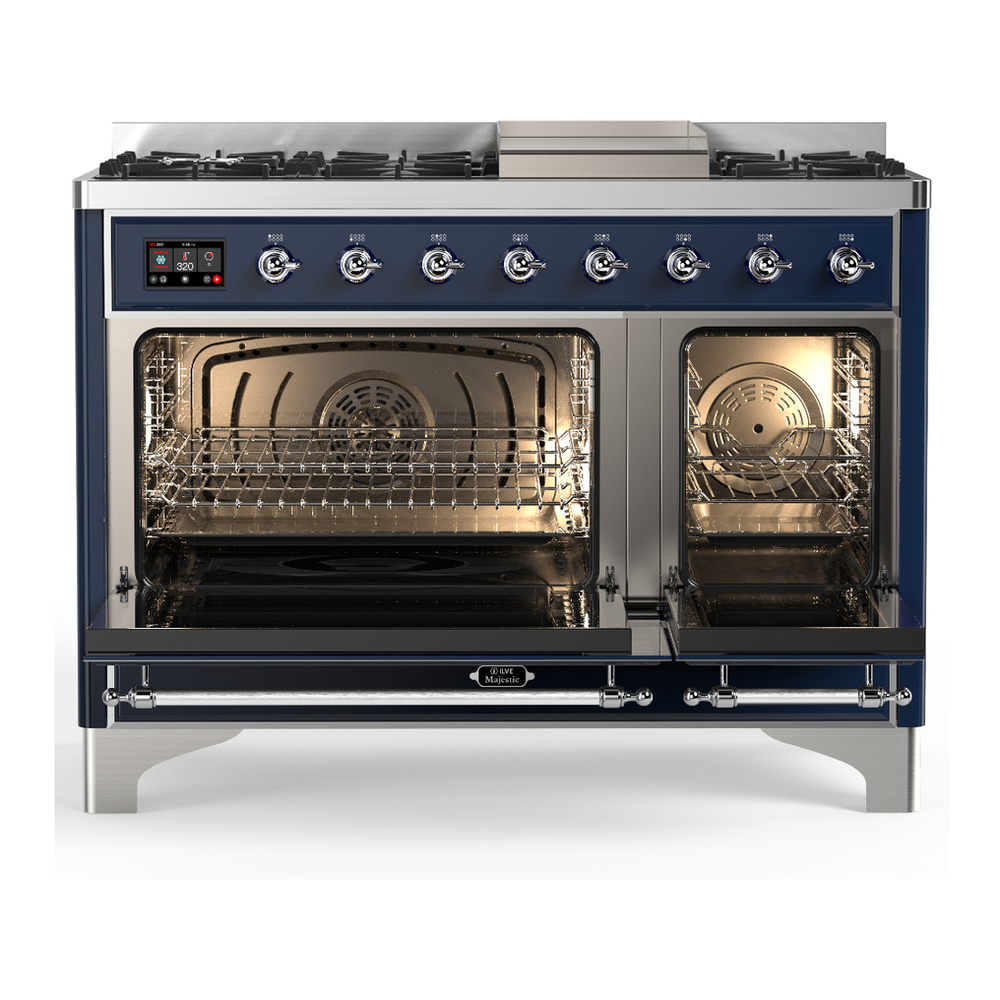 ILVE UM48FQNR3MBCLP Majestic III 48 inch Dual Fuel Range with 8 Burners and Griddle, Dual Function Burner up to 25,000 BTU (Liquid Propane, Solid Door, Midnight Blue, Chrome) 2 ILVE-UM48FQNR3MBCLP-Double Oven Open View