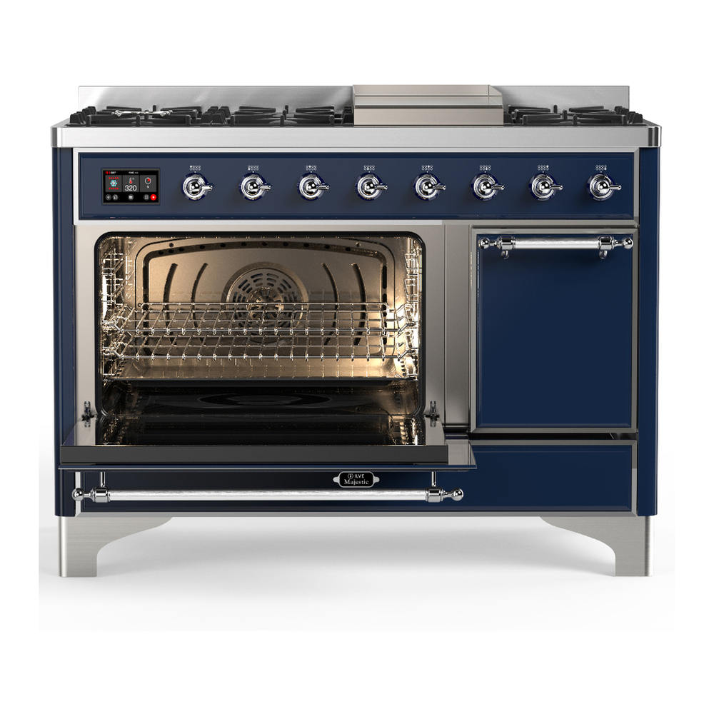 ILVE UM48FQNR3MBCLP Majestic III 48 inch Dual Fuel Range with 8 Burners and Griddle, Dual Function Burner up to 25,000 BTU (Liquid Propane, Solid Door, Midnight Blue, Chrome) 3 ILVE-UM48FQNR3MBCLP-Primary Oven Open View