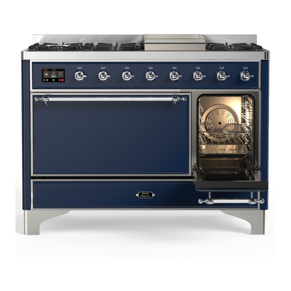 ILVE UM48FQNR3MBCLP Majestic III 48 inch Dual Fuel Range with 8 Burners and Griddle, Dual Function Burner up to 25,000 BTU (Liquid Propane, Solid Door, Midnight Blue, Chrome) 4 ILVE-UM48FQNR3MBCLP-Secondary Oven Open View