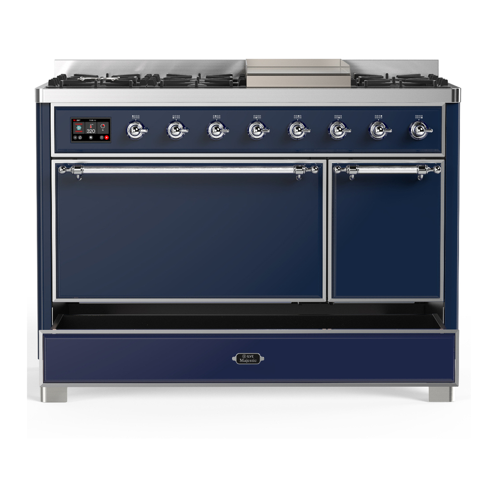ILVE UM48FQNR3MBC Majestic III 48 inch Dual Fuel Range with 8 Burners and Griddle, Dual Function Burner up to 25,000 BTU (Natural Gas, Solid Door, Midnight Blue, Chrome) 5 ILVE-UM48FQNR3MBC-Drawer Open View