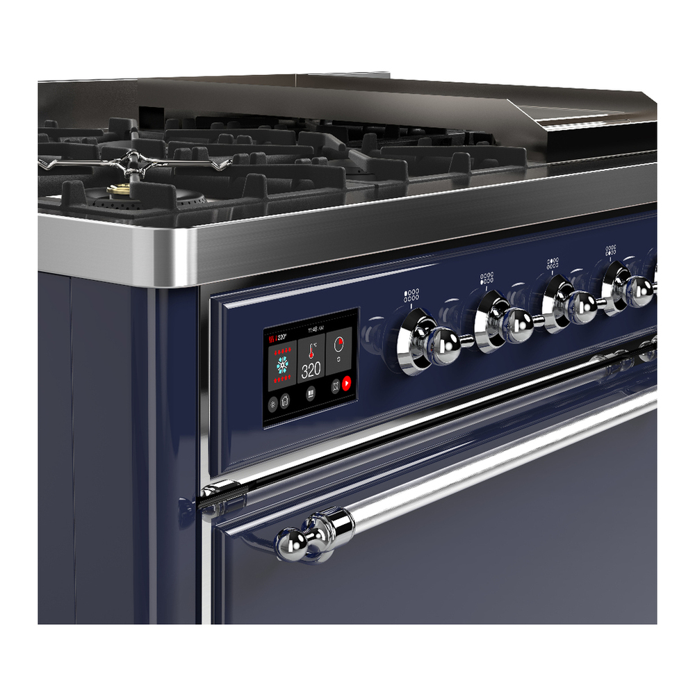 ILVE UM48FQNR3MBC Majestic III 48 inch Dual Fuel Range with 8 Burners and Griddle, Dual Function Burner up to 25,000 BTU (Natural Gas, Solid Door, Midnight Blue, Chrome) 7 ILVE-UM48FQNR3MBC-Control Knobs View