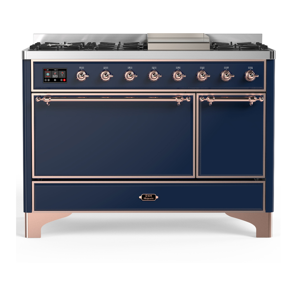 ILVE UM48FQNR3MBPLP Majestic III 48 inch Dual Fuel Range with 8 Burners and Griddle, Dual Function Burner up to 25,000 BTU (Liquid Propane, Solid Door, Midnight Blue, Copper) 1 UM48FQNR3MBPLP