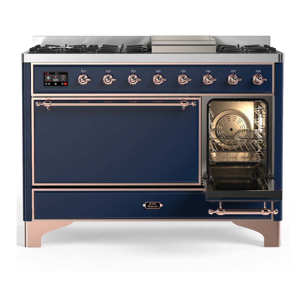 ILVE UM48FQNR3MBPLP Majestic III 48 inch Dual Fuel Range with 8 Burners and Griddle, Dual Function Burner up to 25,000 BTU (Liquid Propane, Solid Door, Midnight Blue, Copper) 4 ILVE-UM48FQNR3MBPLP-Secondary Oven Open View