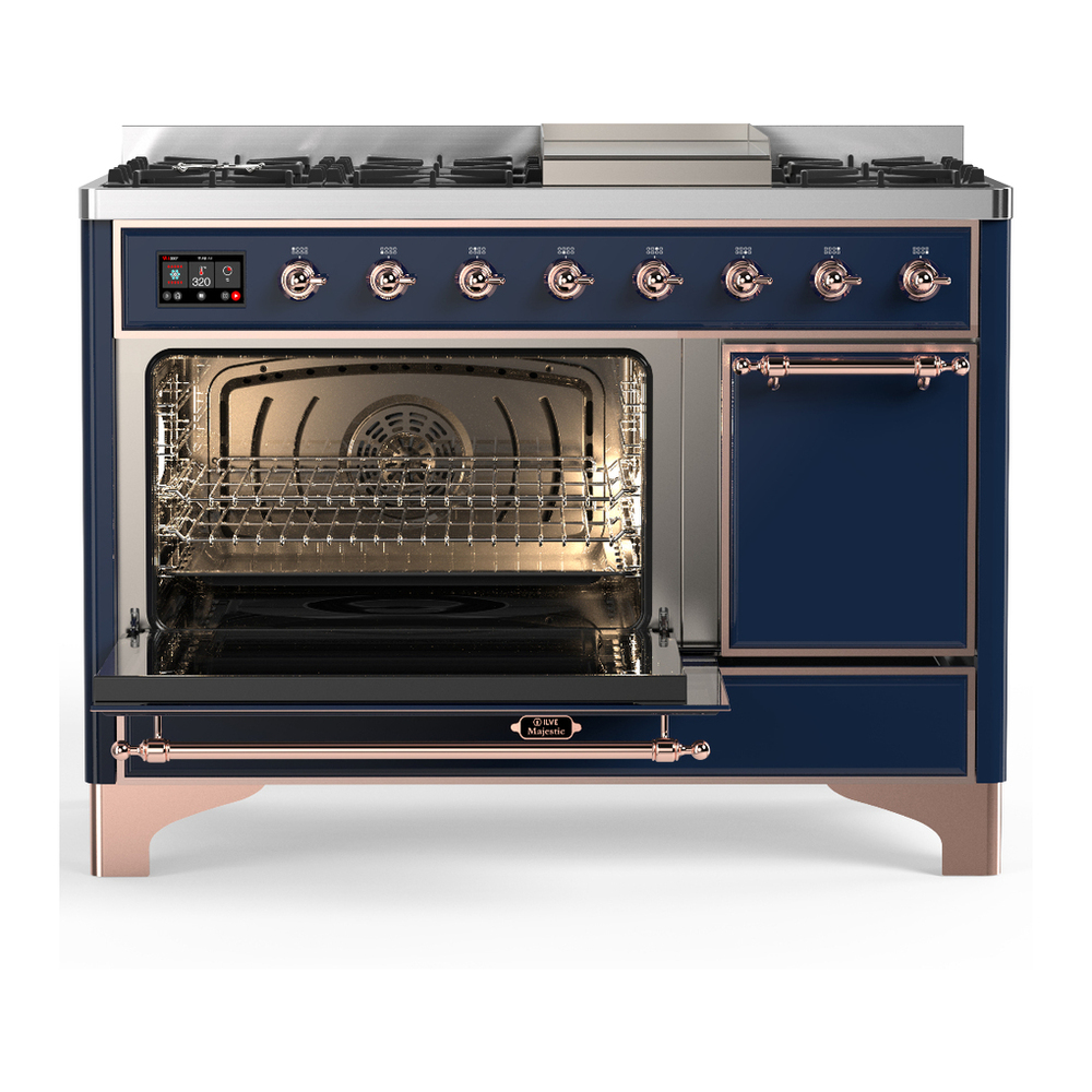 ILVE UM48FQNR3MBPLP Majestic III 48 inch Dual Fuel Range with 8 Burners and Griddle, Dual Function Burner up to 25,000 BTU (Liquid Propane, Solid Door, Midnight Blue, Copper) 3 ILVE-UM48FQNR3MBPLP-Primary Oven Open View