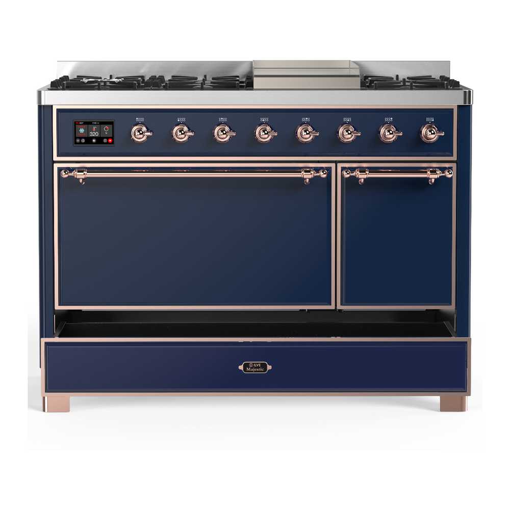 ILVE UM48FQNR3MBPLP Majestic III 48 inch Dual Fuel Range with 8 Burners and Griddle, Dual Function Burner up to 25,000 BTU (Liquid Propane, Solid Door, Midnight Blue, Copper) 5 ILVE-UM48FQNR3MBPLP-Drawer Open View