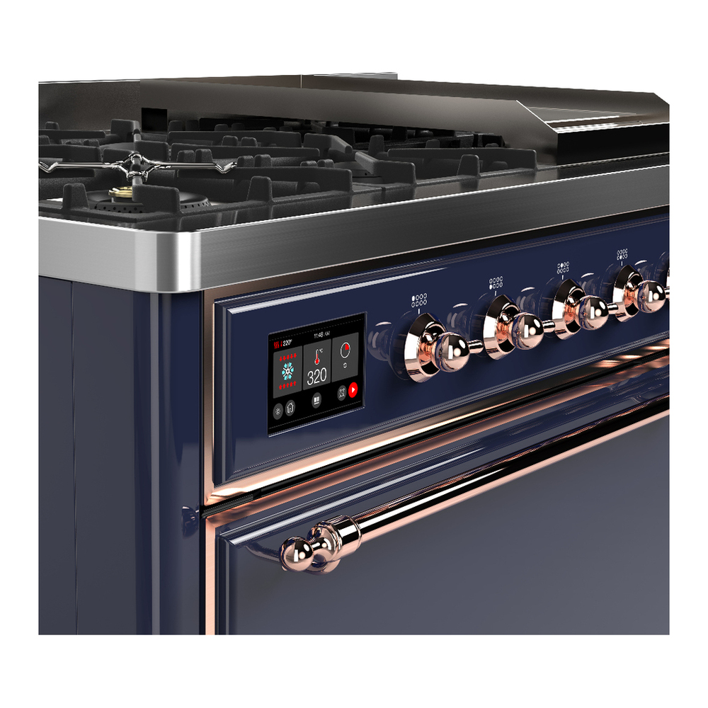 ILVE UM48FQNR3MBPLP Majestic III 48 inch Dual Fuel Range with 8 Burners and Griddle, Dual Function Burner up to 25,000 BTU (Liquid Propane, Solid Door, Midnight Blue, Copper) 7 ILVE-UM48FQNR3MBPLP-Control Knobs View