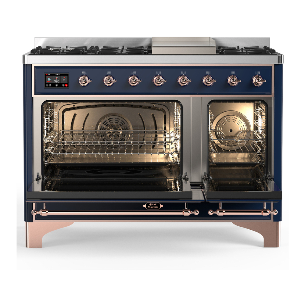 ILVE UM48FQNR3MBP Majestic III 48 inch Dual Fuel Range with 8 Burners and Griddle, Dual Function Burner up to 25,000 BTU (Natural Gas, Solid Door, Midnight Blue, Copper) 2 ILVE-UM48FQNR3MBP-Double Oven Open View