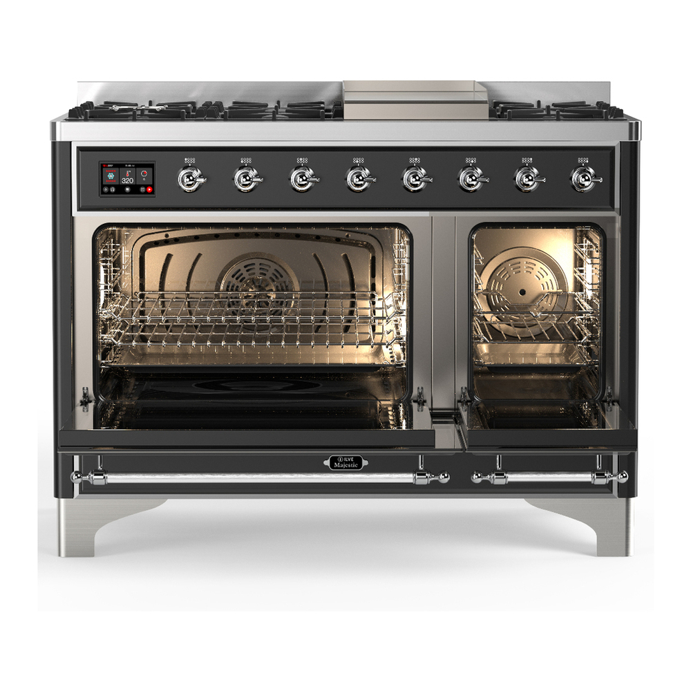 ILVE UM48FQNR3MGC Majestic III 48 inch Dual Fuel Range with 8 Burners and Griddle, Dual Function Burner up to 25,000 BTU (Natural Gas, Solid Door, Graphite Matte, Chrome) 2 ILVE-UM48FQNR3MGC-Double Oven Open View