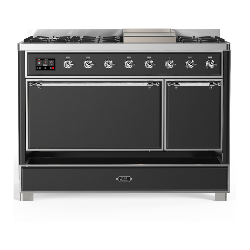 ILVE UM48FQNR3MGC Majestic III 48 inch Dual Fuel Range with 8 Burners and Griddle, Dual Function Burner up to 25,000 BTU (Natural Gas, Solid Door, Graphite Matte, Chrome) 5 ILVE-UM48FQNR3MGC-Drawer Open View