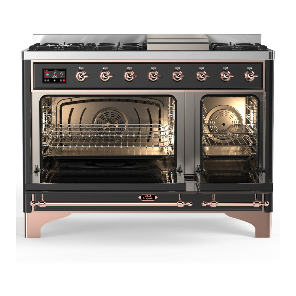 ILVE UM48FQNR3MGP Majestic III 48 inch Dual Fuel Range with 8 Burners and Griddle, Dual Function Burner up to 25,000 BTU (Natural Gas, Solid Door, Graphite Matte, Copper) 2 ILVE-UM48FQNR3MGP-Double Oven Open View