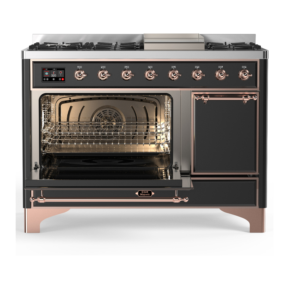 ILVE UM48FQNR3MGP Majestic III 48 inch Dual Fuel Range with 8 Burners and Griddle, Dual Function Burner up to 25,000 BTU (Natural Gas, Solid Door, Graphite Matte, Copper) 3 ILVE-UM48FQNR3MGP-Primary Oven Open View