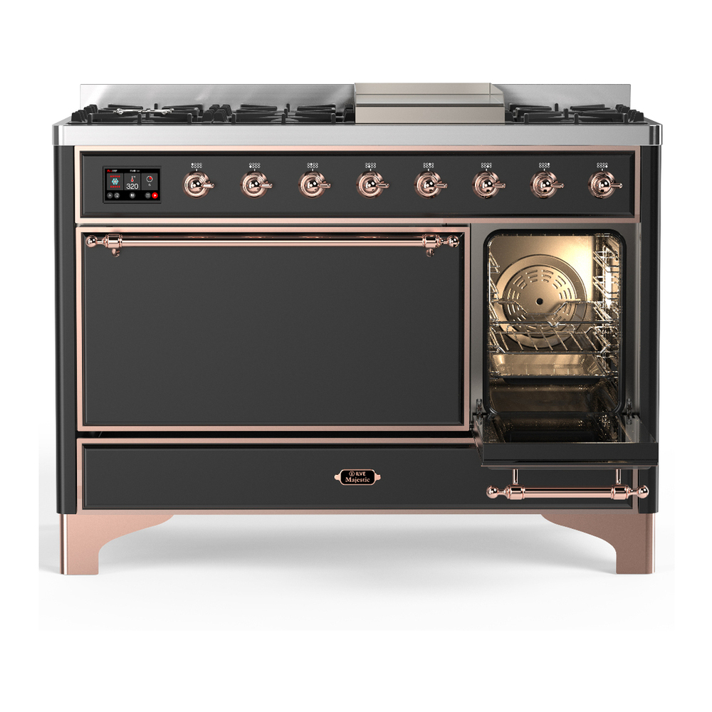 ILVE UM48FQNR3MGP Majestic III 48 inch Dual Fuel Range with 8 Burners and Griddle, Dual Function Burner up to 25,000 BTU (Natural Gas, Solid Door, Graphite Matte, Copper) 4 ILVE-UM48FQNR3MGP-Secondary Oven Open View