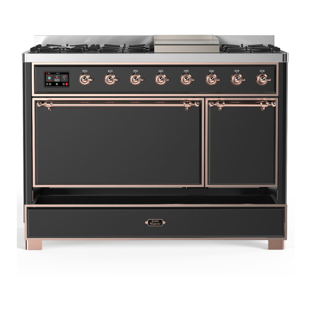 ILVE UM48FQNR3MGP Majestic III 48 inch Dual Fuel Range with 8 Burners and Griddle, Dual Function Burner up to 25,000 BTU (Natural Gas, Solid Door, Graphite Matte, Copper) 5 ILVE-UM48FQNR3MGP-Drawer Open View