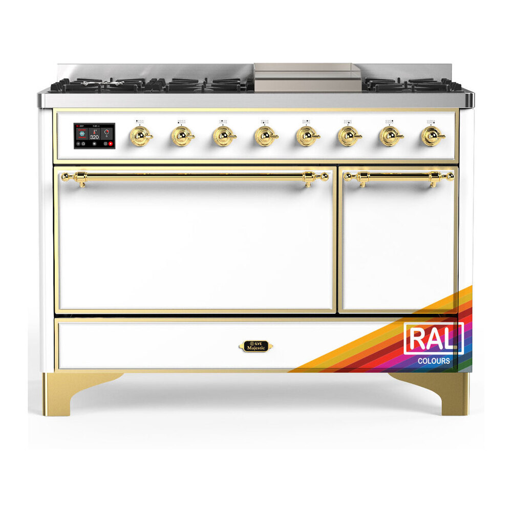 ILVE UM48FQNR3RAGLP Majestic III 48 inch Dual Fuel Range with 8 Burners and Griddle, Dual Function Burner up to 25,000 BTU (Liquid Propane, Solid Door, RAL, Brass) 1 UM48FQNR3RAGLP
