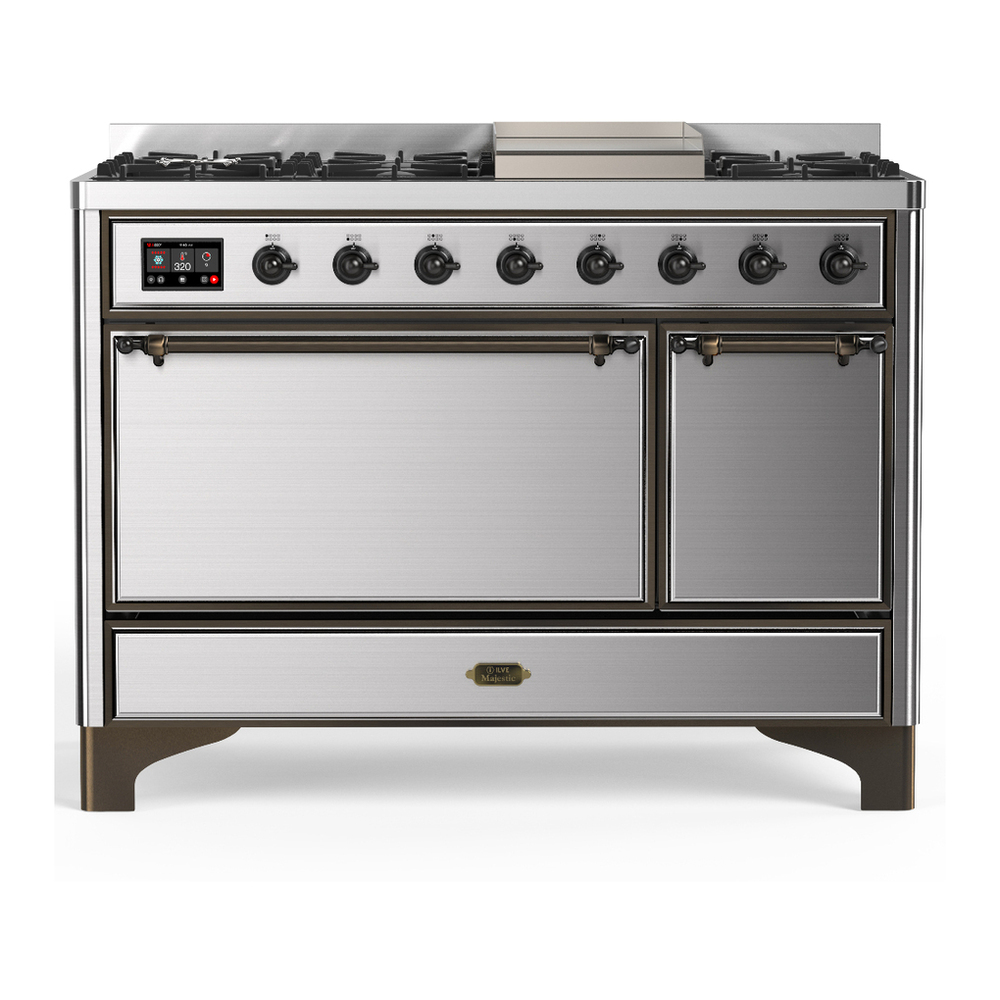 ILVE UM48FQNR3SSB Majestic III 48 inch Dual Fuel Range with 8 Burners and Griddle, Dual Function Burner up to 25,000 BTU (Natural Gas, Solid Door, Stainless Steel, Burnished) 1 UM48FQNR3SSB