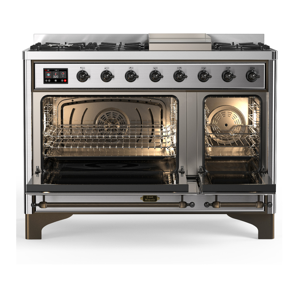 ILVE UM48FQNR3SSB Majestic III 48 inch Dual Fuel Range with 8 Burners and Griddle, Dual Function Burner up to 25,000 BTU (Natural Gas, Solid Door, Stainless Steel, Burnished) 2 ILVE-UM48FQNR3SSB-Double Oven Open View