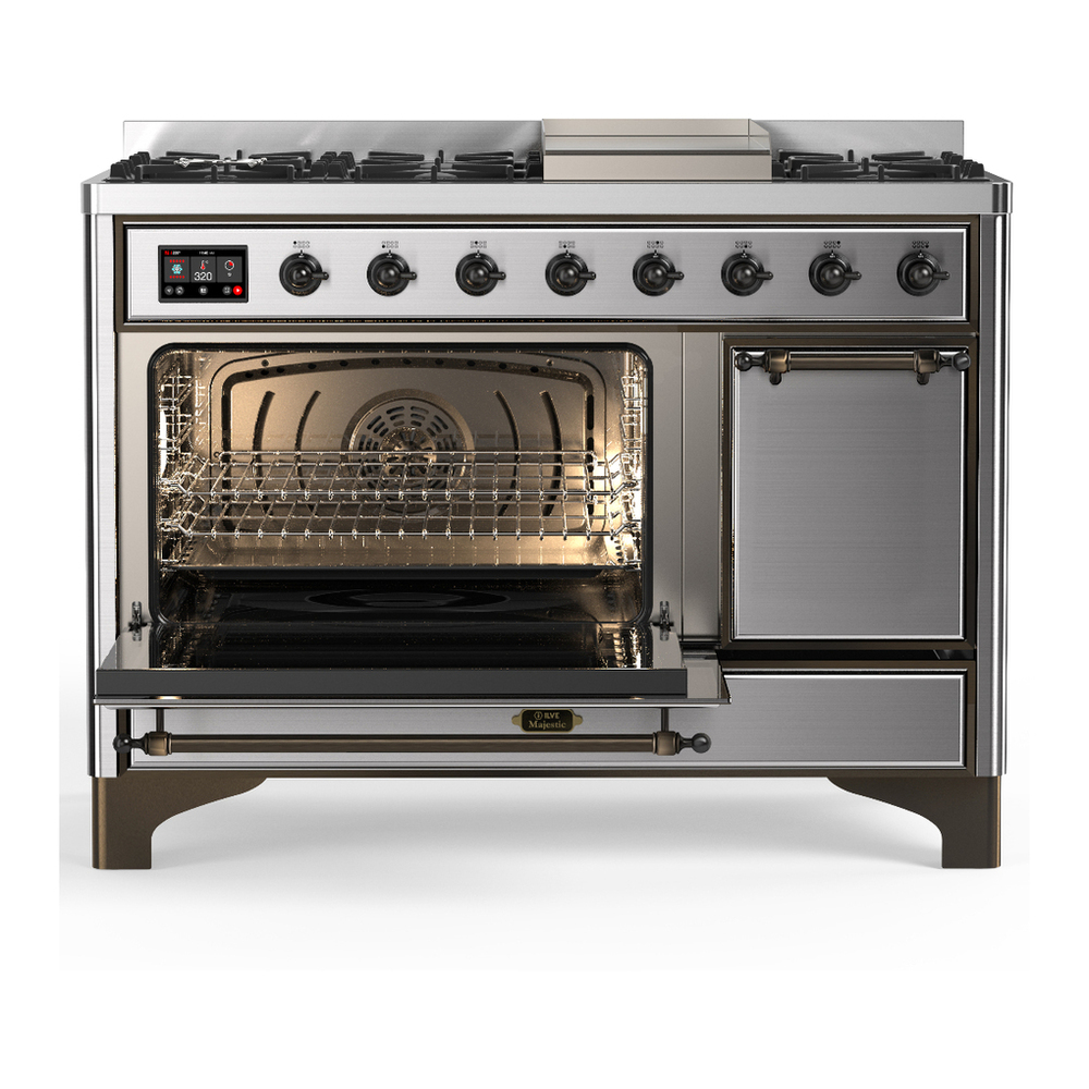 ILVE UM48FQNR3SSB Majestic III 48 inch Dual Fuel Range with 8 Burners and Griddle, Dual Function Burner up to 25,000 BTU (Natural Gas, Solid Door, Stainless Steel, Burnished) 3 ILVE-UM48FQNR3SSB-Primary Oven Open View